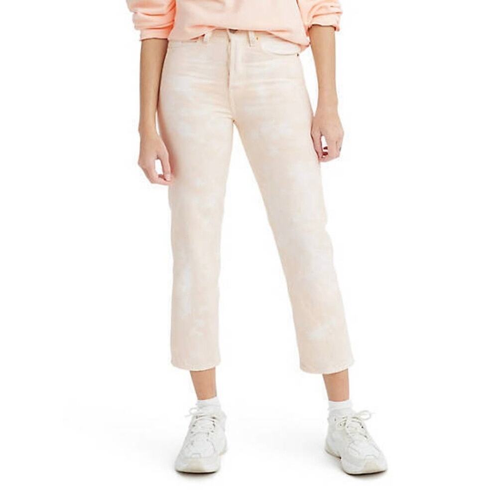 LEVI'S Wedgie Straight Leg High Rise Jeans Pink White Tie Dye 27